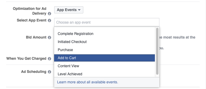 Facebook App Event optimization options