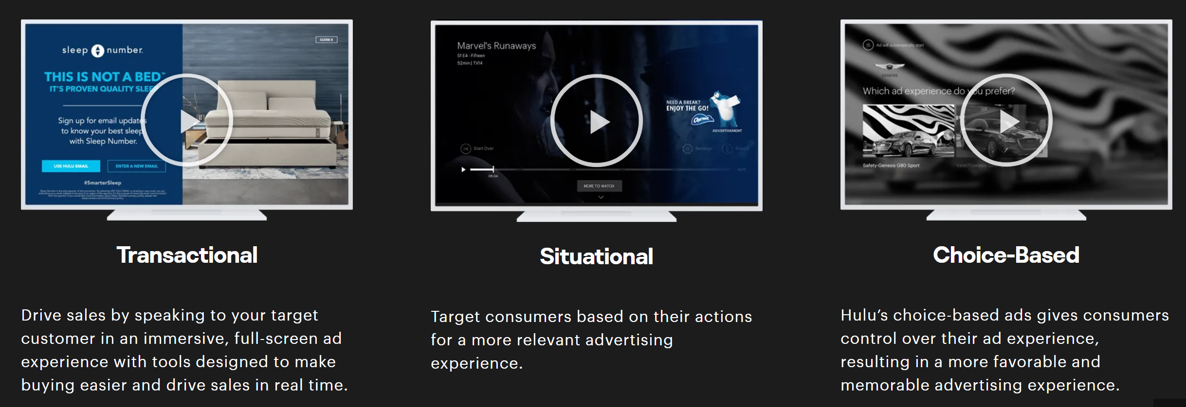 three types of hulu advertising targeting - transactional, situational, choice-based