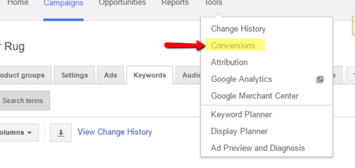 Google adwords conversions in account