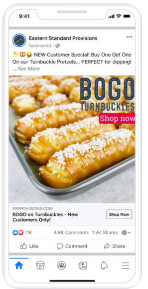 Example of Eastern Standard Provisions using “Shop Now” on Facebook ad