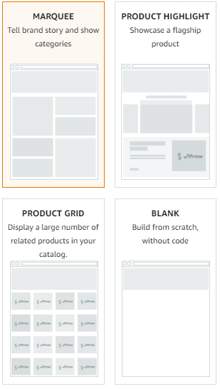 The four Amazon Store templates: Marquee, Product Highlight, Product Grid, and Blank]