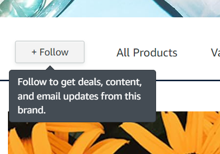 Screenshot of follow button on Amazon Stores