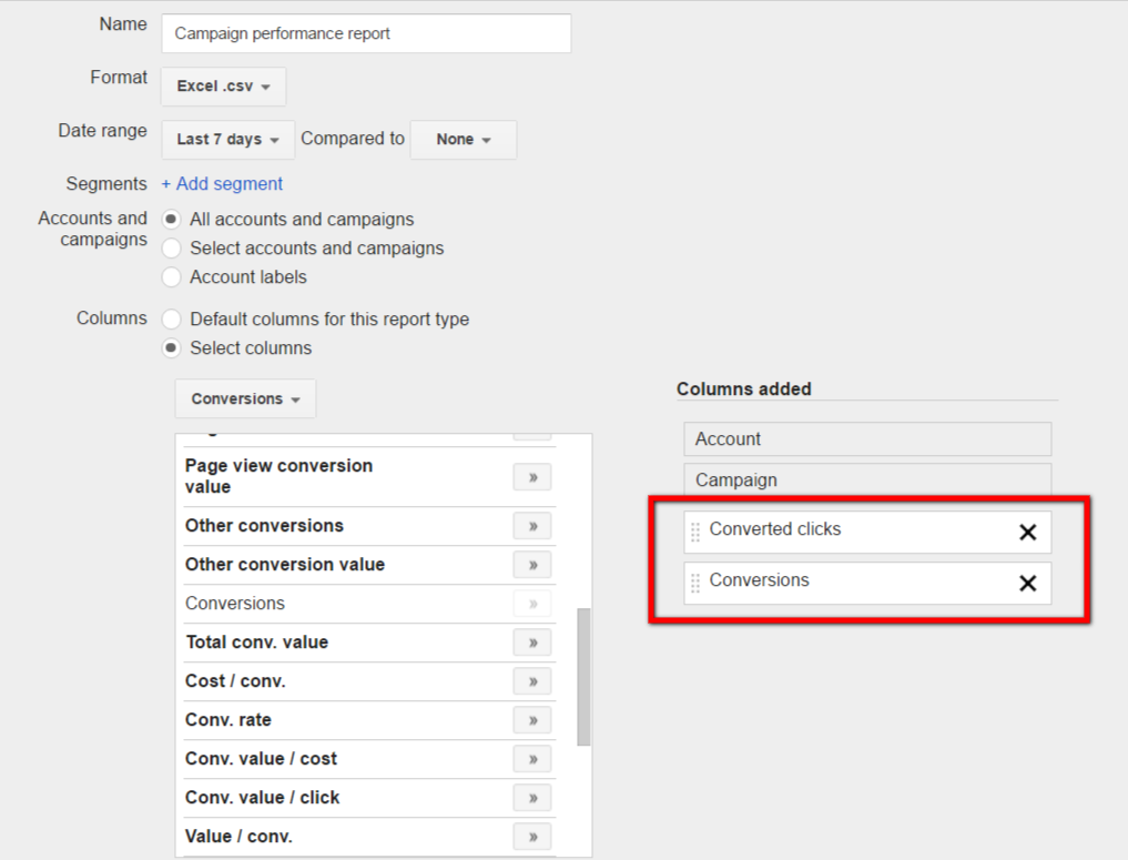 compare converted clicks and conversions in AdWords