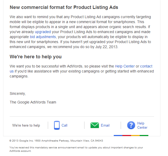 AdWords enhanced campaigns, new commercial format for Product Listing Ads