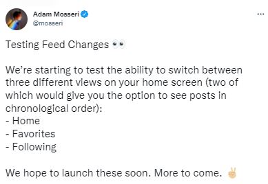 Adam Mosseri tweet about Instagram feed changes