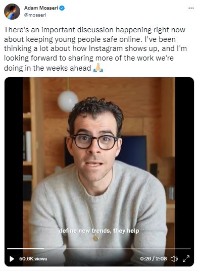 Adam Mosseri tweet about keeping young people safe on Instagram