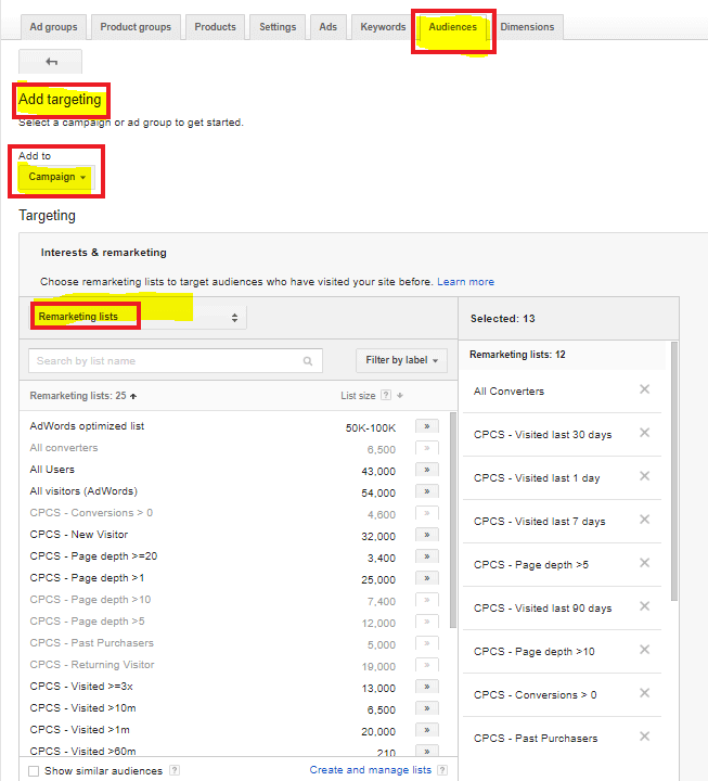 Adding RLSAs to a campaign in AdWords