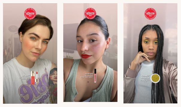 Three examples of Snapchatters using Snapchat AR filters created for Allure 2022 Best of Beauty Awards