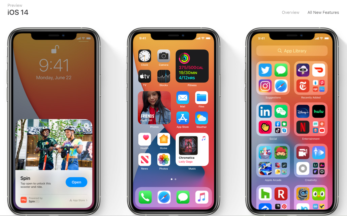Preview of Apple iOS14 depicted on three phone screens