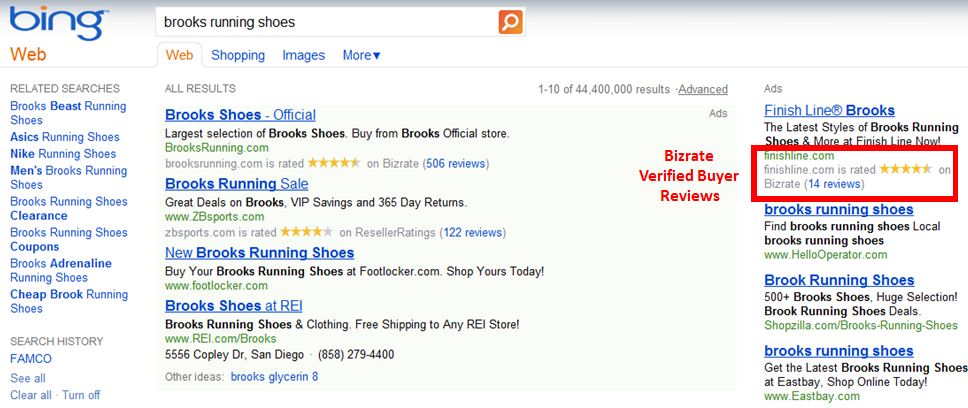 Bizrate verified reviews in Bing ad block