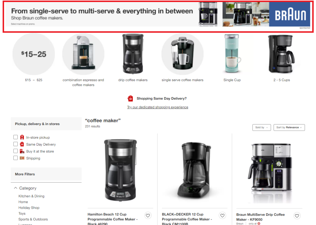 Braun coffee makers display banner on Target website