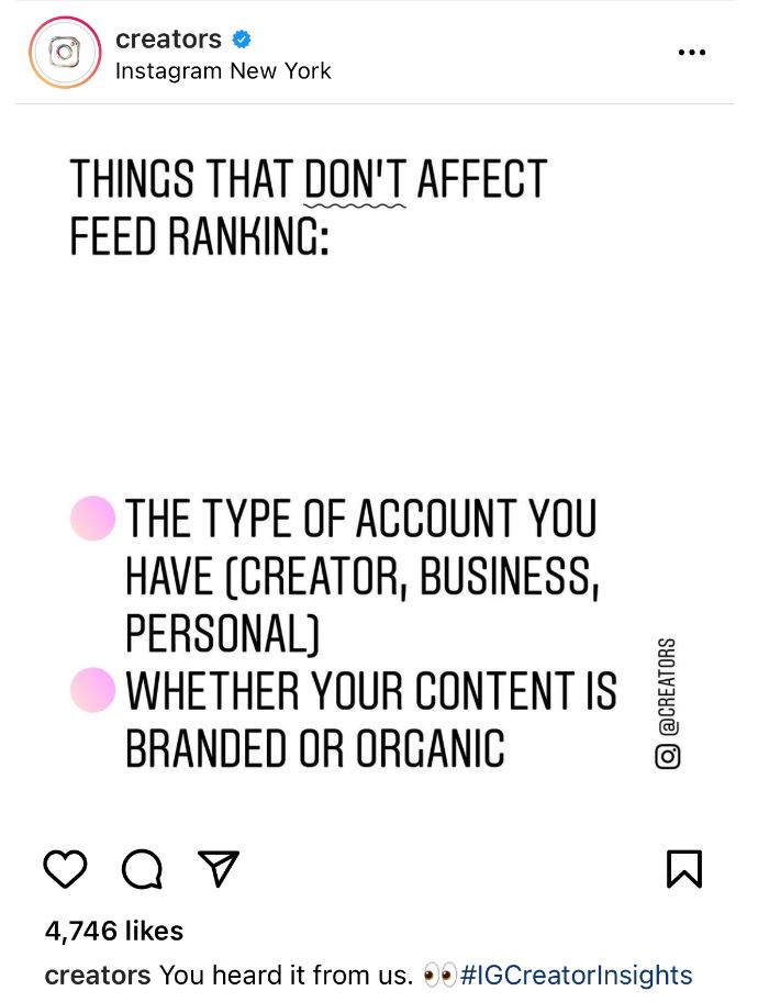 Creators Instagram Post explaining things that don't affect feed ranking