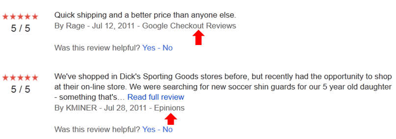 Google Product Search Seller Reviews come from many sites on the internet