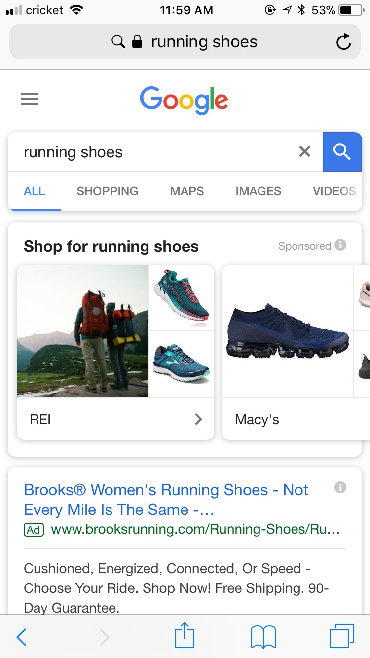 Google search of running shoes displaying shopping showcase ads