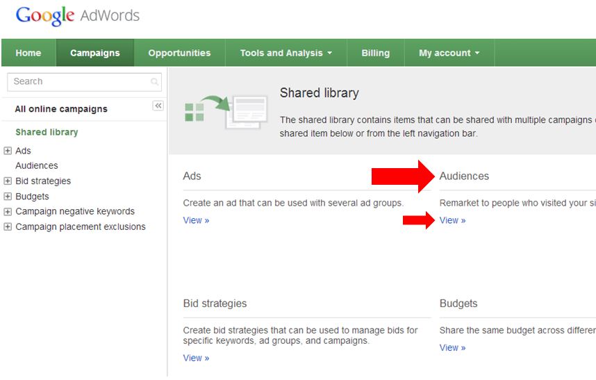 Google Dynamic Remarketing Tag AdWords>Audiences> View