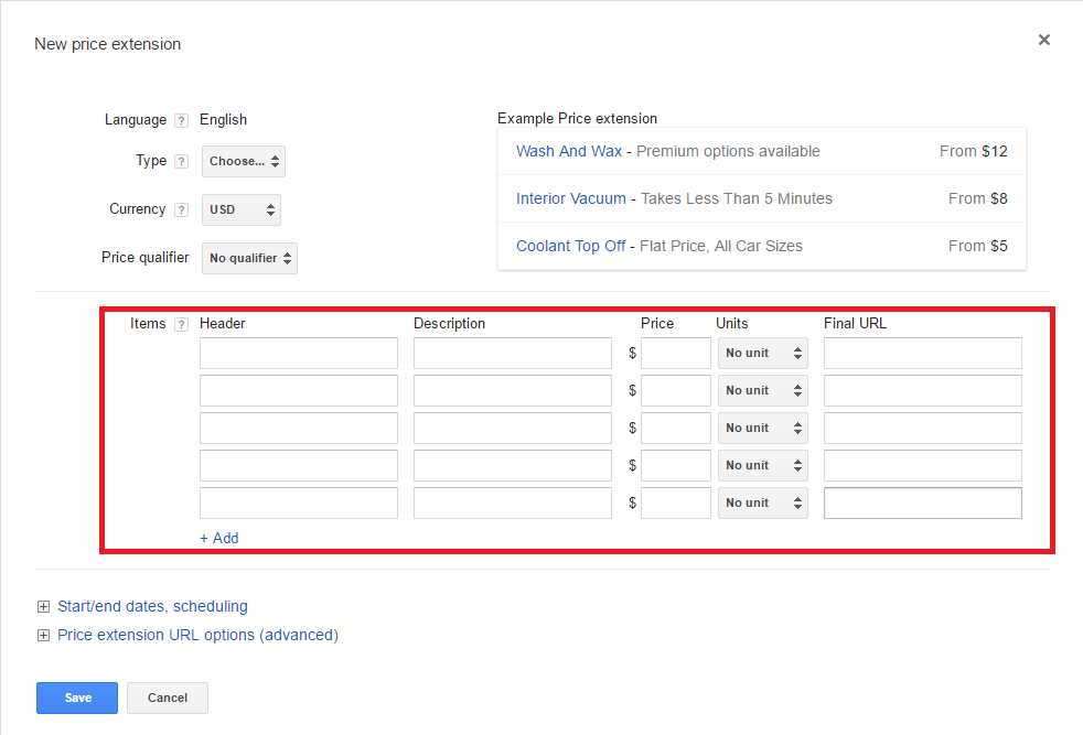 adwords price extensions fields