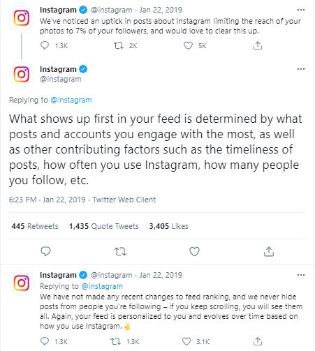 Instagram Tweet explaining how your feed is built