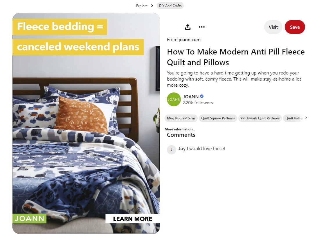 JOANN fleece bedding Pinterest ad example