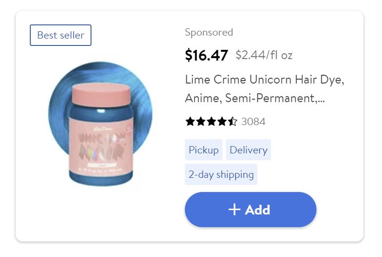 Screenshot of Lime Crime Unicorn Hair Dye advertisement on Walmart’s buy box