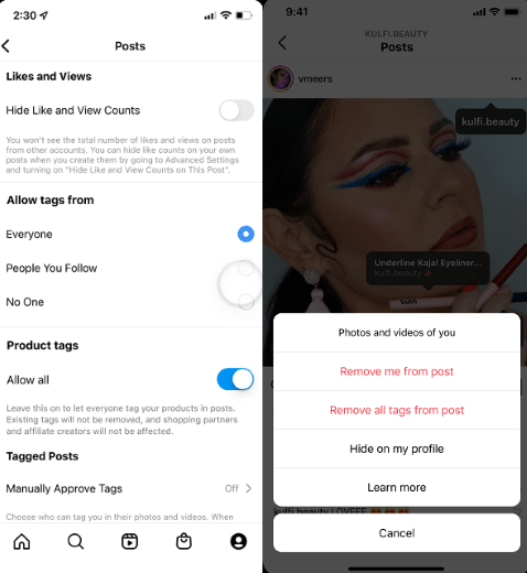 example of product tagging settings on Instagram