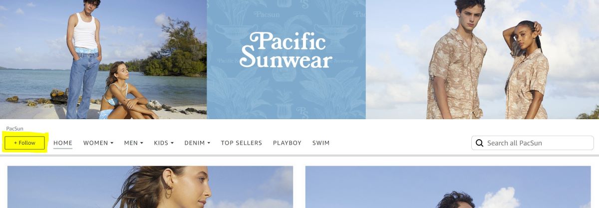 PacSun Amazon Store homepage follow button highlighted
