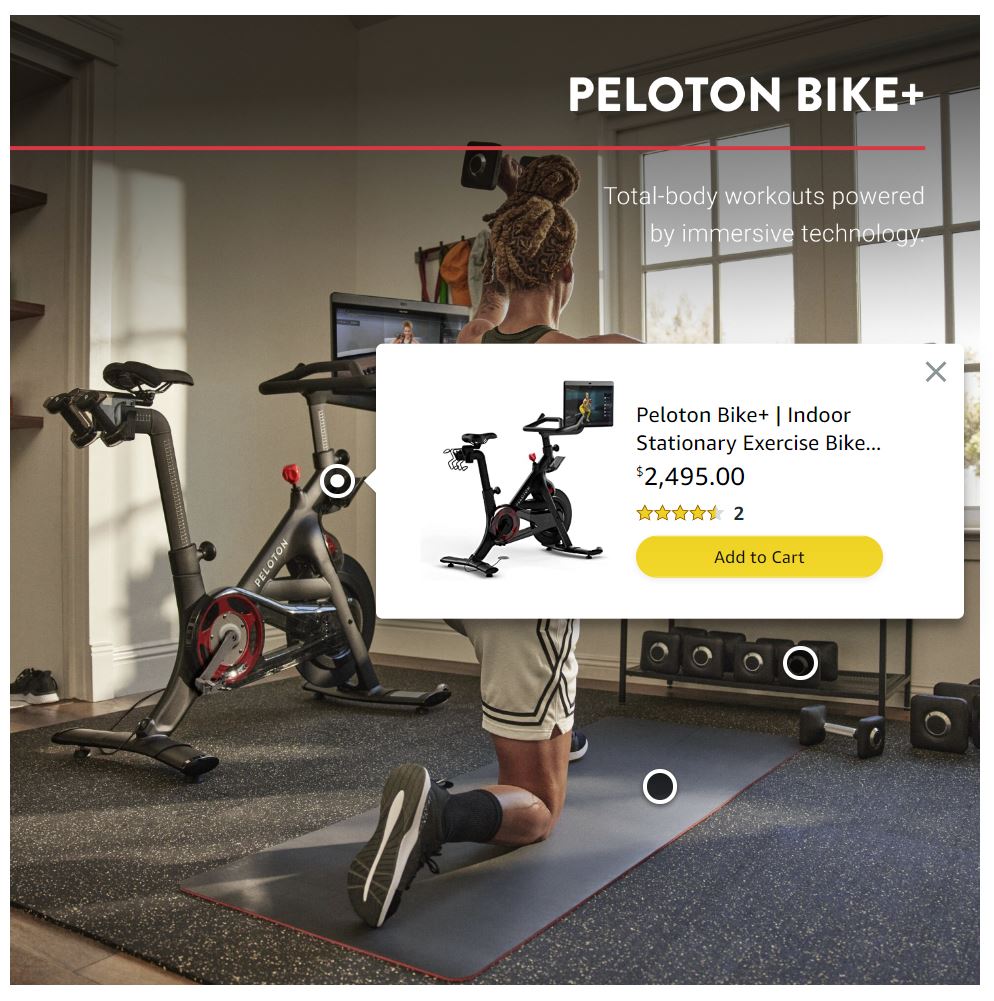 Peloton Shoppable Image module with hotspots for items available for purchase including Peloton bike+