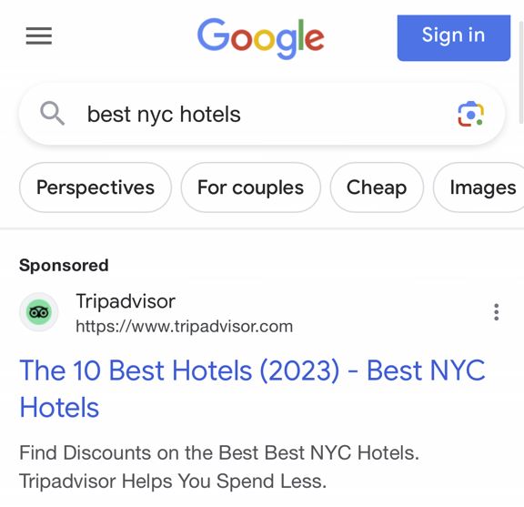 Example of a responsive search ad on Google Search for best NYC hotels