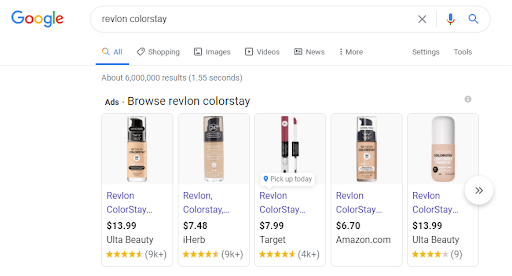 Revlon Colorstay search results with Target ad