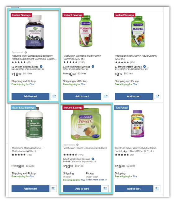 Sam's Club Search Grid ad placements example
