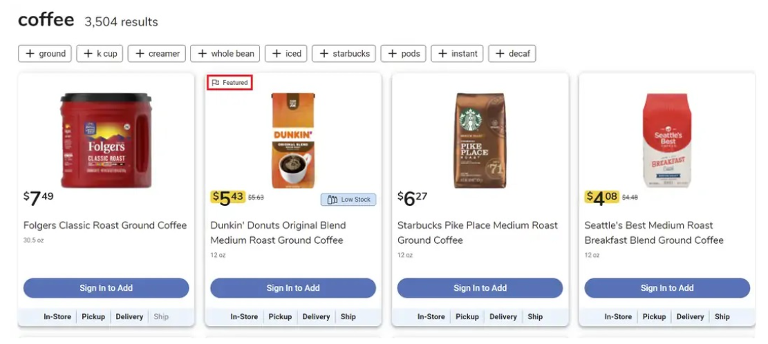 example of featured product listing on Kroger search