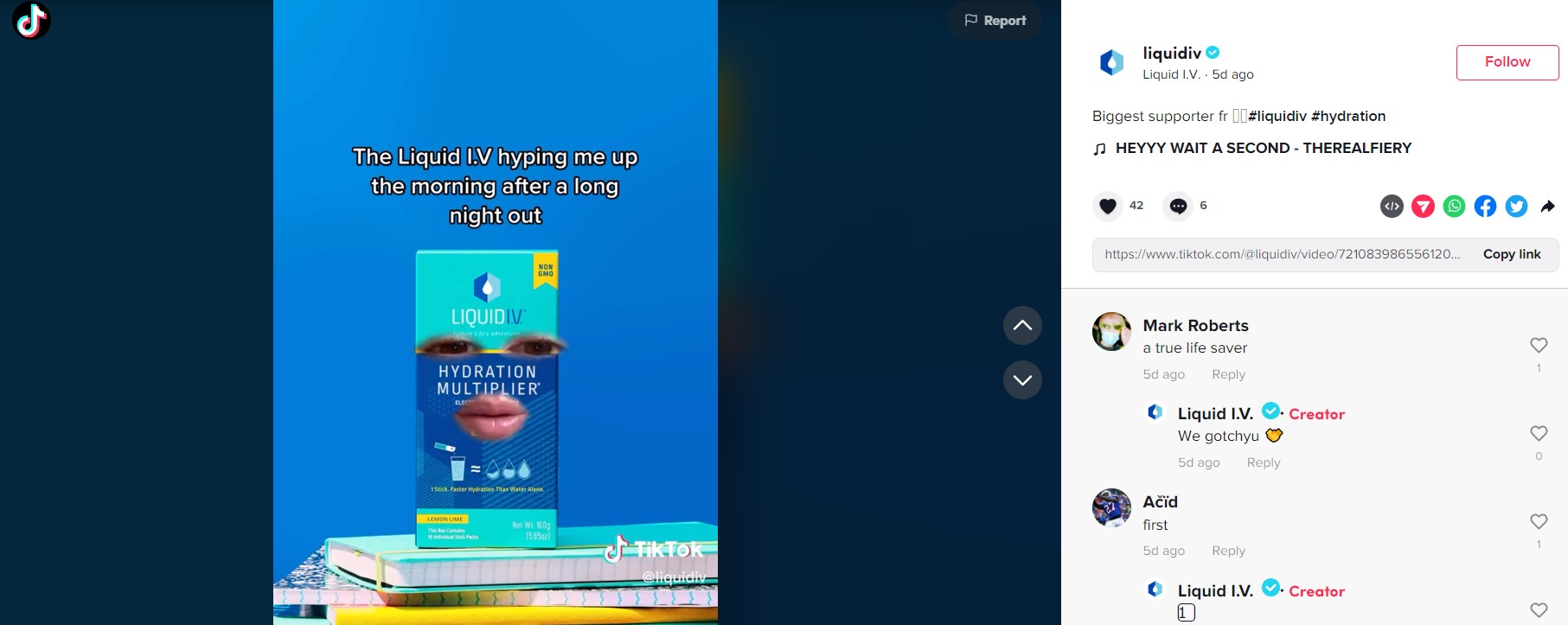 example of a Spark ad on Liquid IVs TikTok's page.