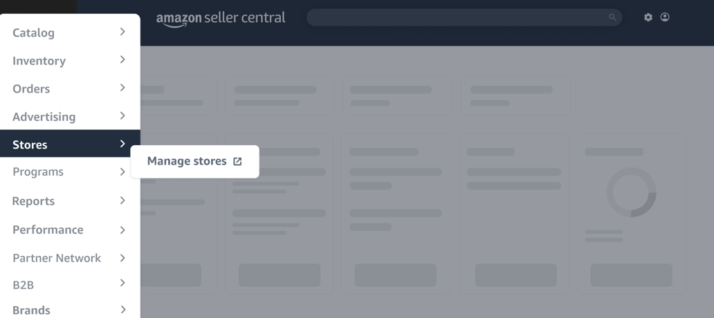 Amazon Stores navigation bar on Seller Central showing how to navigate to Manage Stores