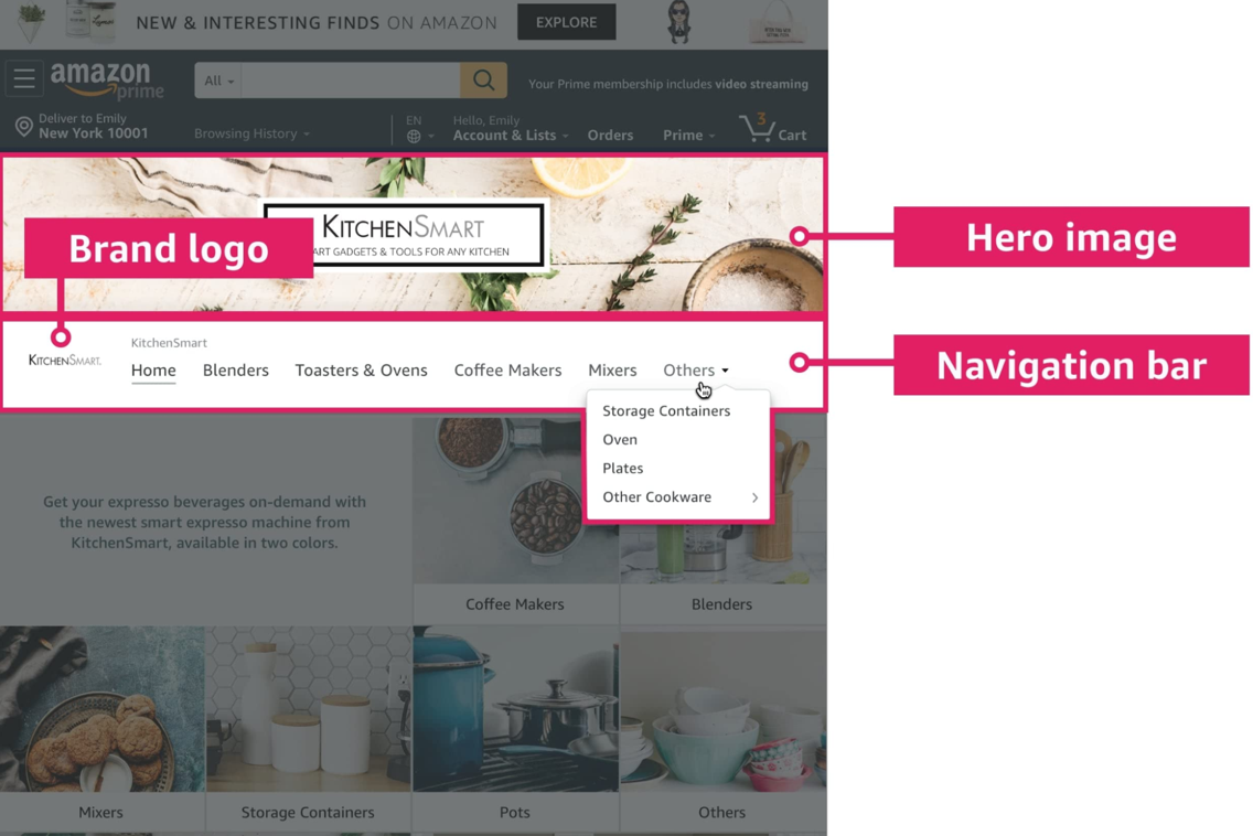 amazon store content setup labeling Hero Image, Navigation Bar and Logo, Text Tile, Image Title, and Product + Text Tile