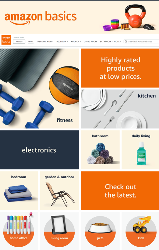  Example of Amazon Store features including Hero Image, Navigation Bar, Text Tile, Image Tile, Product + Text Tile