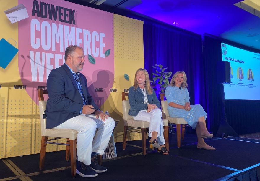 Shaun Brown and Julie Bowerman and Diana Finster on stage at Adweek Commerce Week 2022