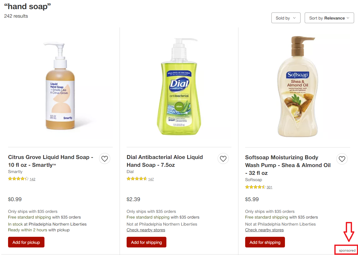 Search results for hand soap on Target website