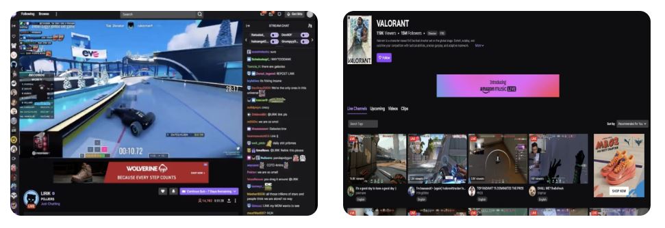 Screenshots of Amazon DSP ads on Twitch Stream and Twitch search results page