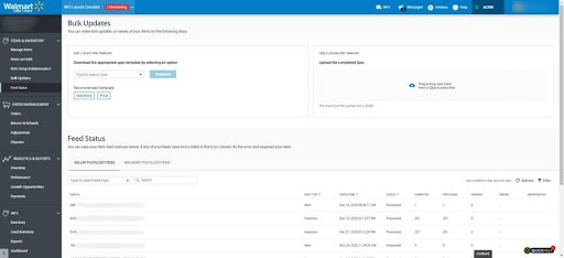 Screenshot of bulk upload page to manage content feed on Walmart.com