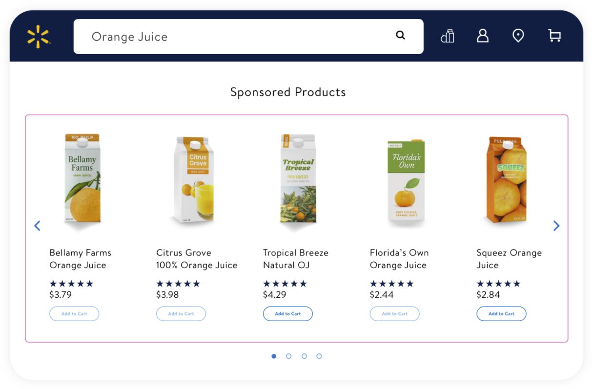 Example of orange juice appearing on Walmart’s carousel of sponsored products