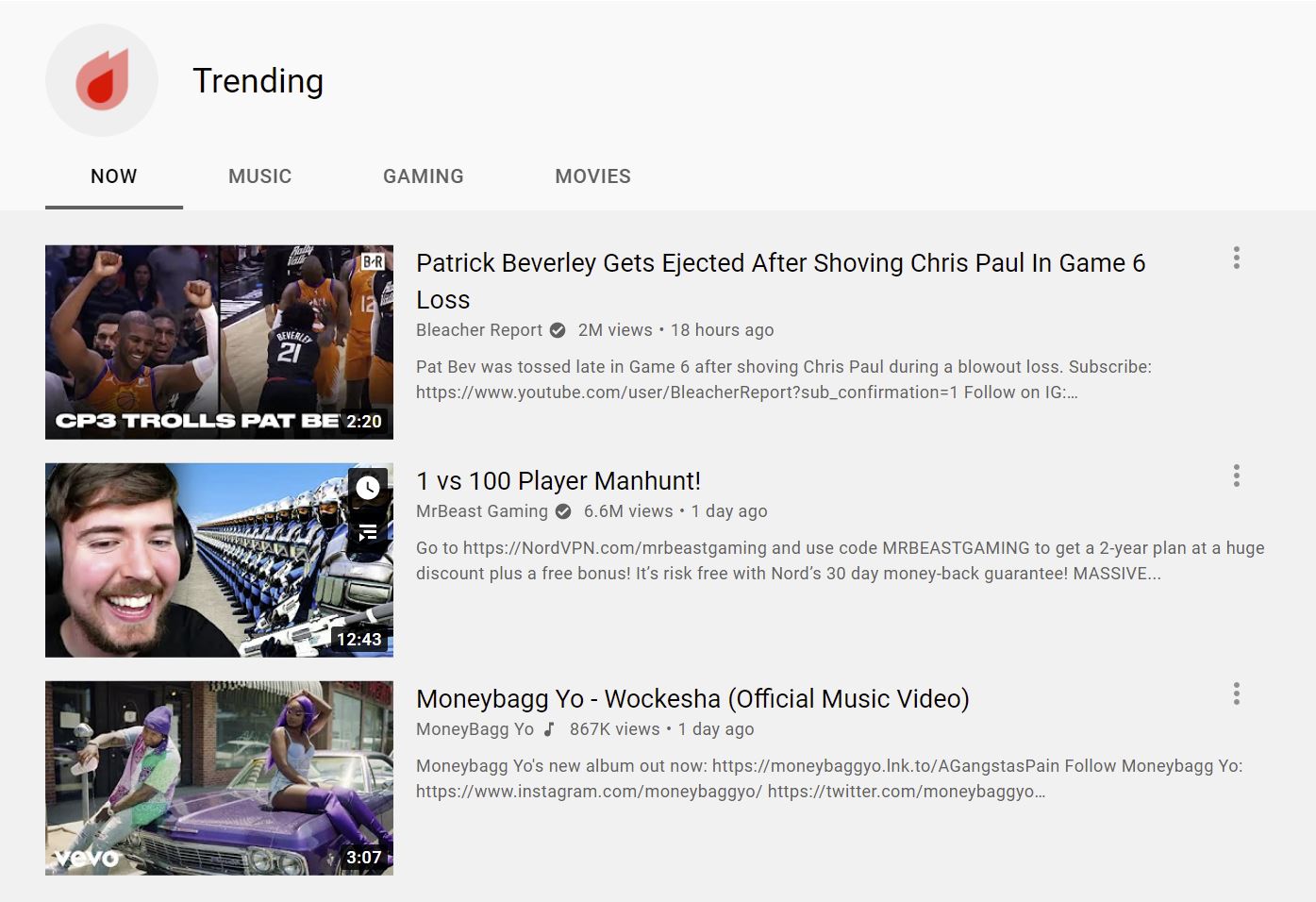 YouTube Trending Page screenshot