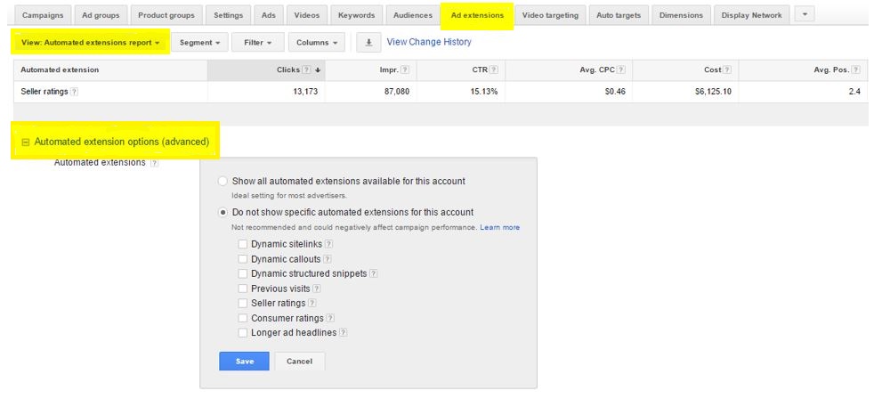 adwords automated extension report