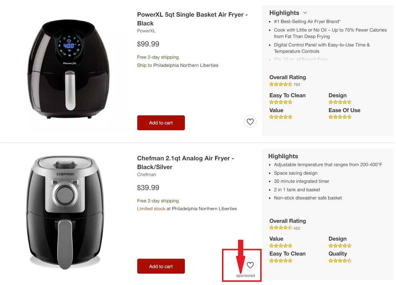 Search results for air fryers on the Target website