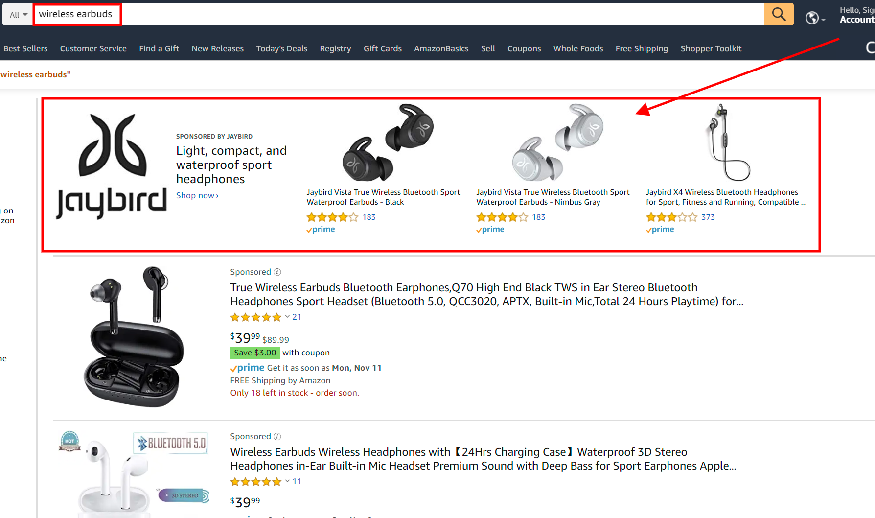 amazon sponsored brands ads for wireless earbuds