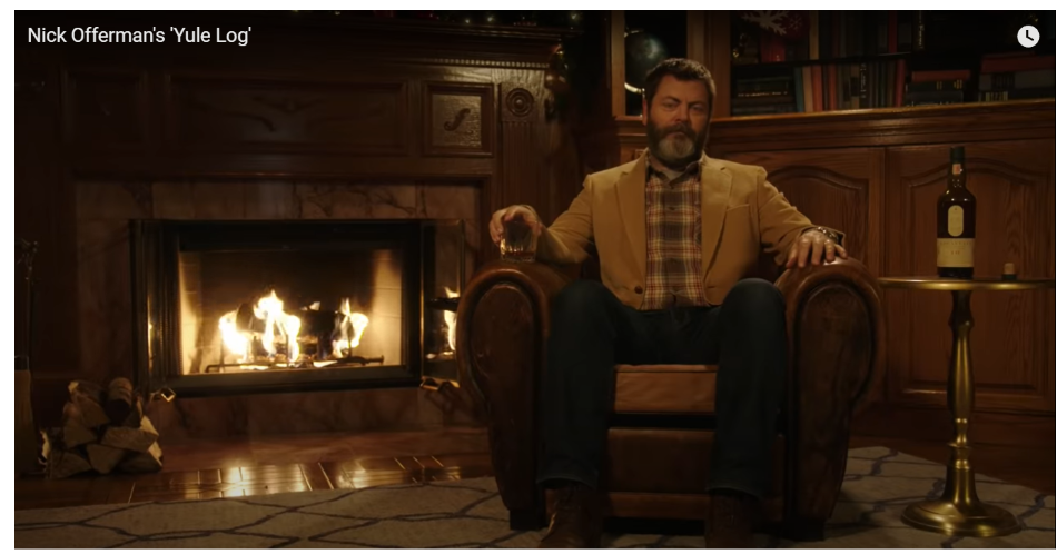 Lagavulin and Nick Offerman promoting whiskey in Yule Log YouTube video