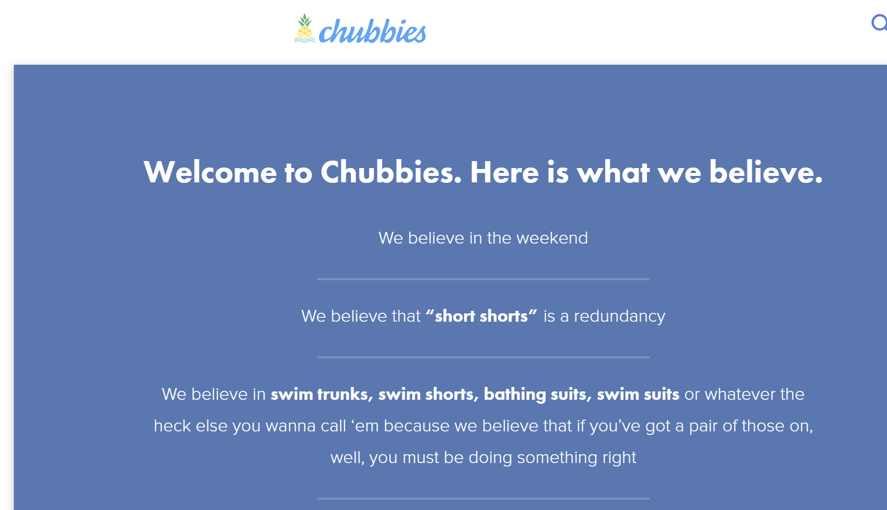 chubbies brand ethos beliefs website
