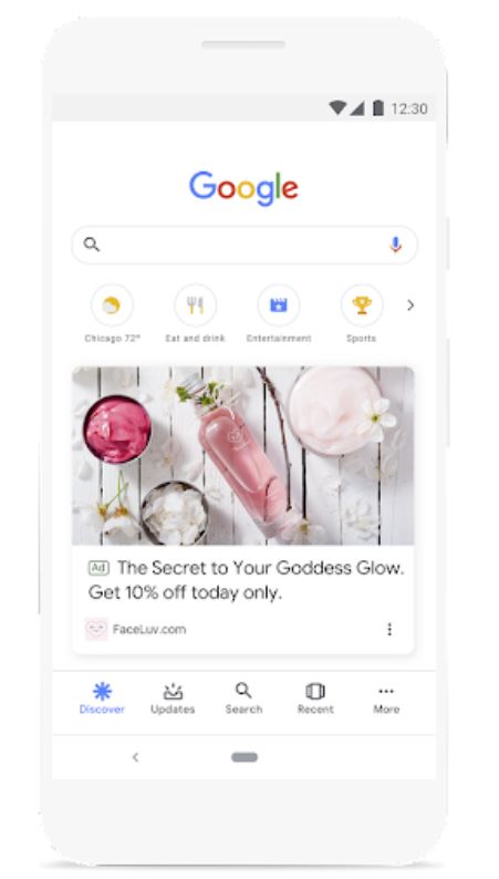 example of Google Discovery Ad for cosmetic company in Google mobile app