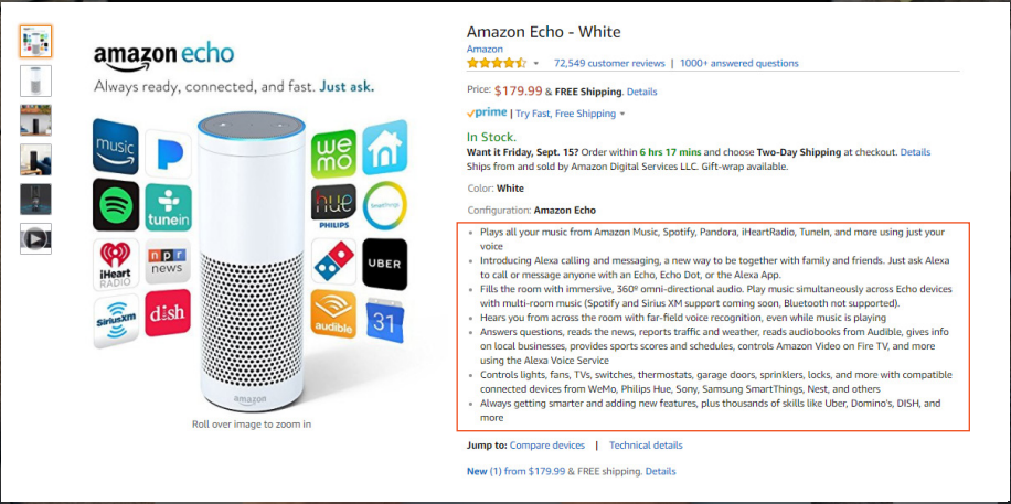 Example of Amazon SEO optimized product features for Amazon Echo