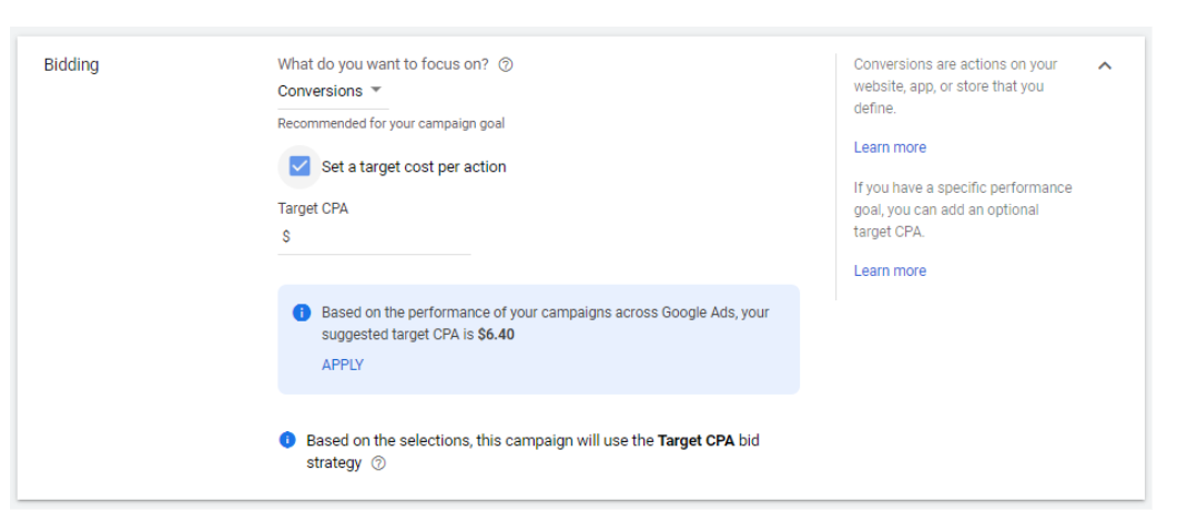 Screenshot showing bidding options with conversions and target CPA selected