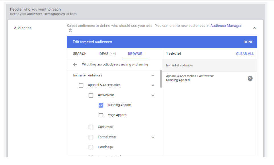 Screenshot showing selection for targeted audiences for Google Discovery campaign