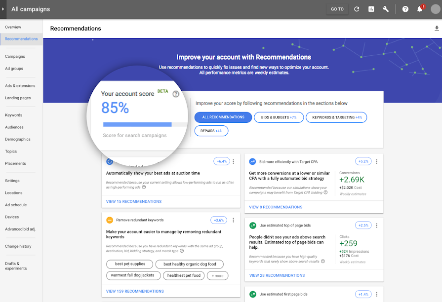 google ads optimization score page example